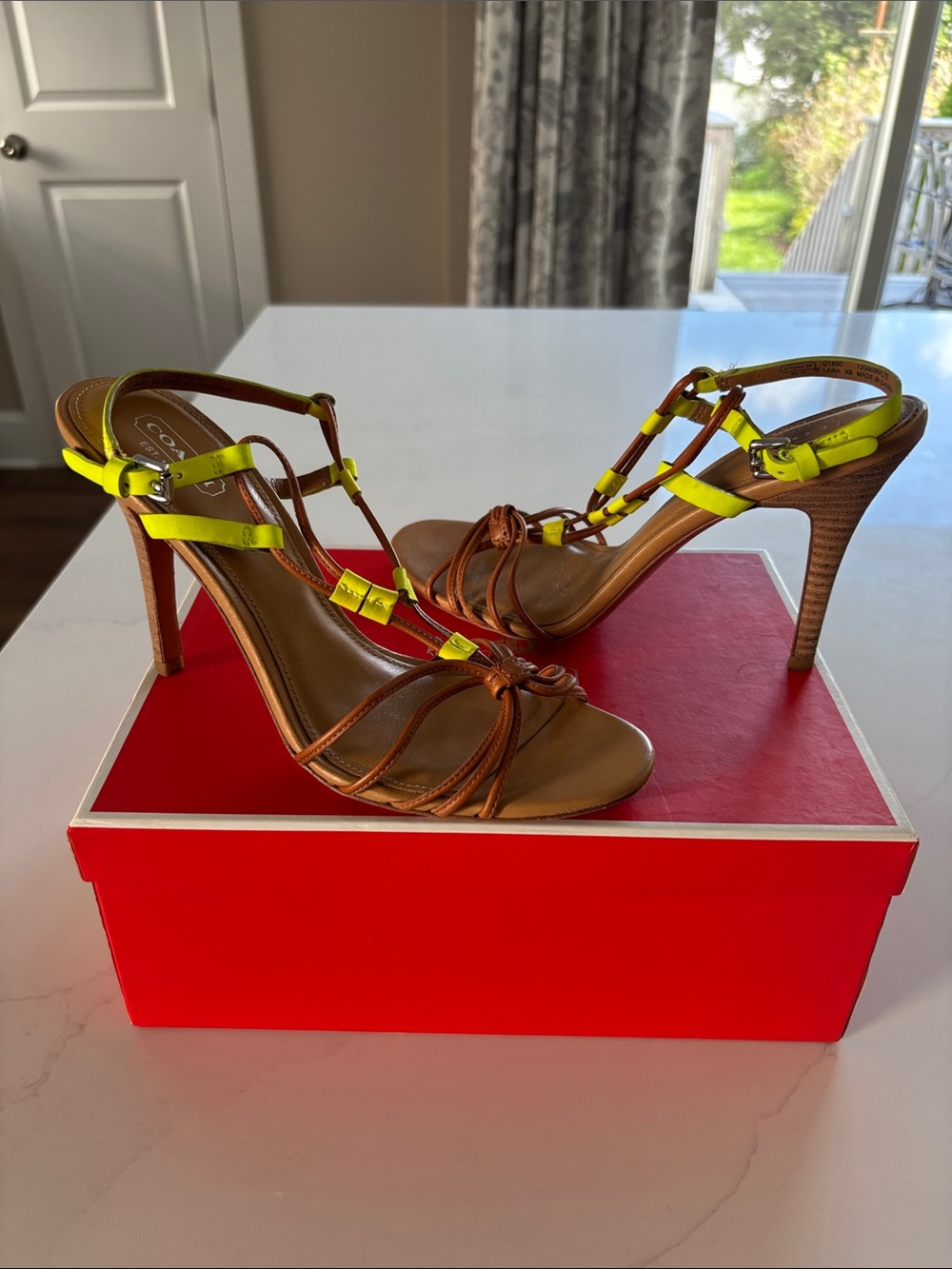 Coach Brown Leather Heels with Neon Yellow Straps